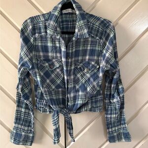 We The Free Blue and White Plaid Button-Down Tie-Front Shirt